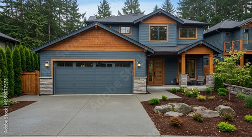 Luxurious new construction home in Bellevue, WA. Modern style home boasts two car garage framed by blue siding and natural stone wall trim. Northwest, USA