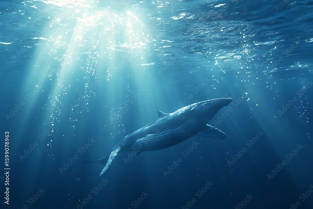 Fototapeta premium Blue Whale Swimming Underwater with Sunlight Streaming From the Surface