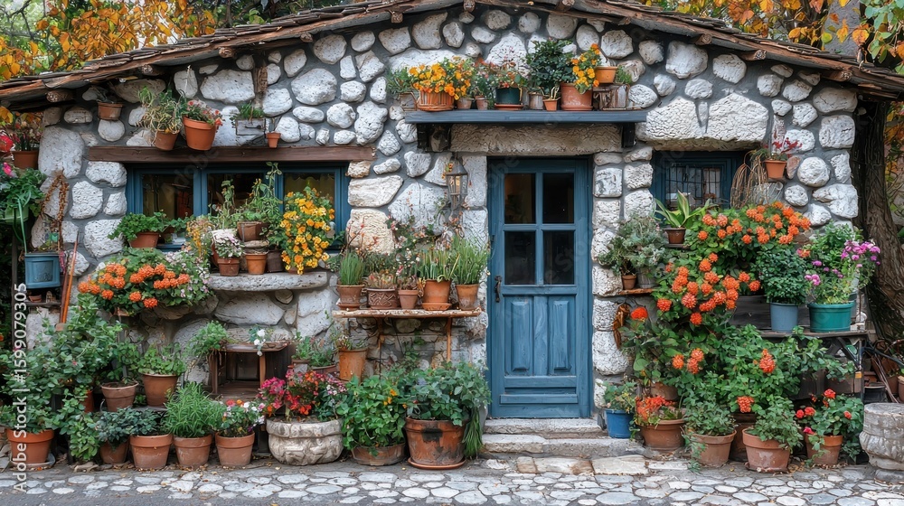 Fototapeta premium Charming Stone Cottage Adorned with Abundant Flowers