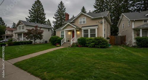 A perfect nighborhood. Average residential house with concrete pathway to the main entrance over lush front yard lawn | Updated View