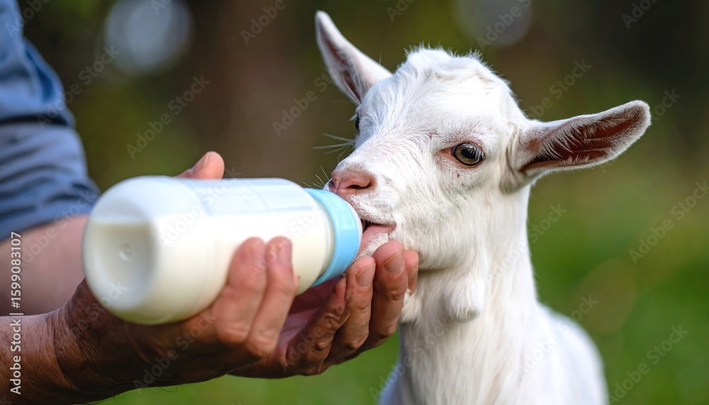 Obraz premium A person feeds a baby goat from a bottle