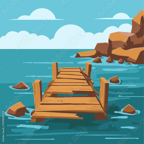 Abandoned wooden dock breaking apart on a rocky shore 2