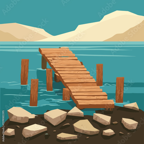 Abandoned wooden dock breaking apart on a rocky shore
