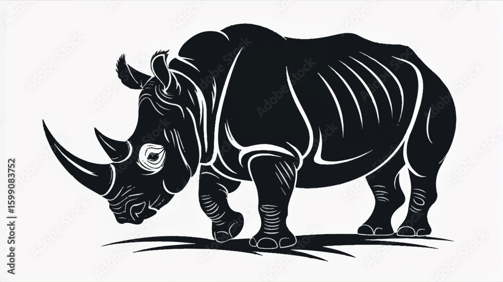Fototapeta premium Black and white rhinoceros silhouette in profile facing left a striking graphic illustration