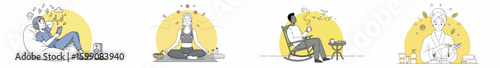 Four-panel illustration of people in serene, balanced scenes with floating elements