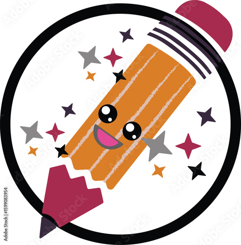 Back to school theme smiling pencil icon.