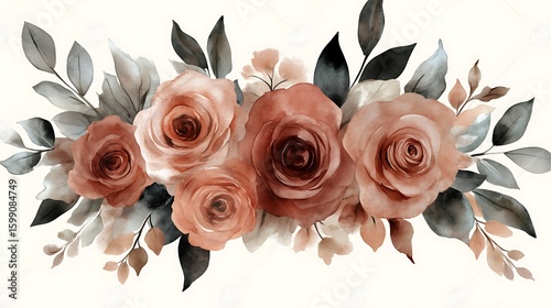 Delicate arrangement of terracotta roses and muted greenery.