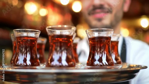 Waiter serving traditional tea in glasses on a silver tray