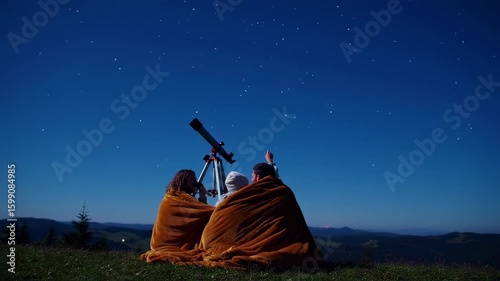 Family gazing at starlit sky through telescope, wrapped in blanket, mountain view