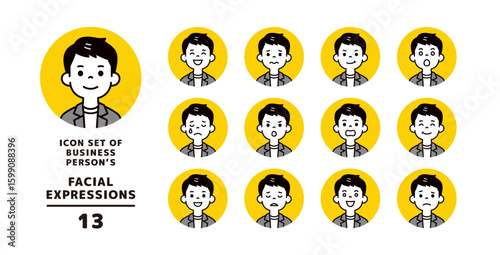 カジュアルな服装の若い男性の、様々な表情アイコン素材セット＿円形＿ベクター