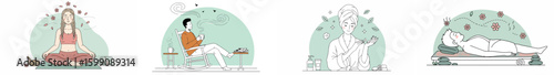 Four-panel illustration of relaxation and self-care with semi-circular arches
