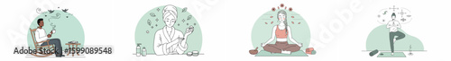 Illustration of four serene moments of relaxation and well-being with a cohesive, tranquil setting