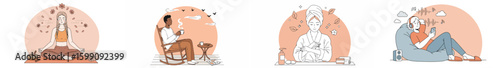 Four-panel circular illustration of self-care and relaxation moments with peach, light brown, and muted pastels