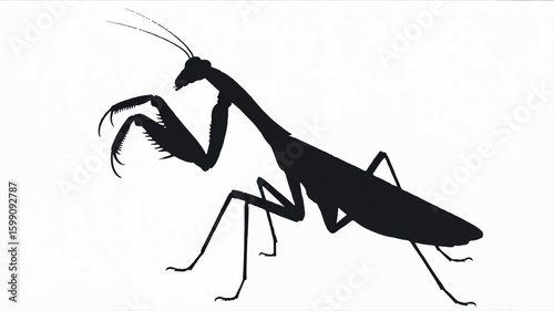 Black silhouette of a praying mantis in a defensive posture on a white background