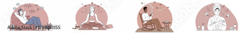 Four-panel illustration of solitary moments with women and man in introspective activities
