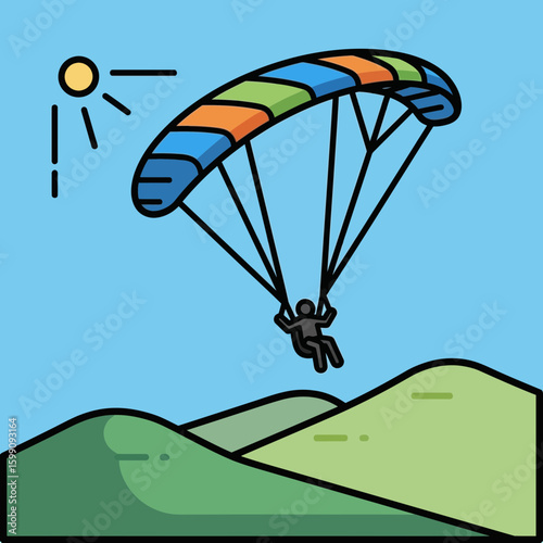 A person paragliding over hills under a bright sun in a blue sky.