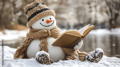 A snowman in winter attire reads a book outdoors.