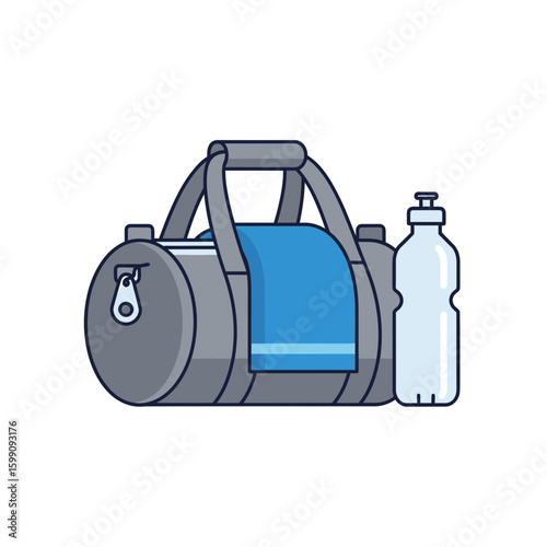 A gym bag with towel and water bottle on white background.