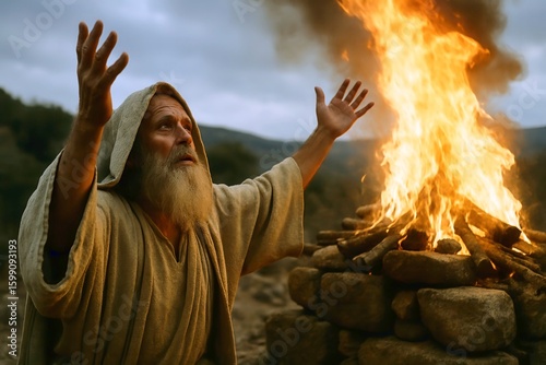 Prophet Elijah praying to God on Mount Carmel with burning altar