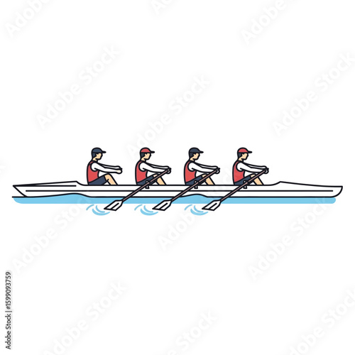 Four people rowing a boat on water. They are wearing caps and red vests.