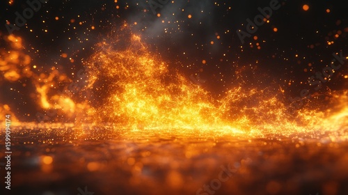 Vivid abstract background featuring dynamic orange flames and scattered light particles