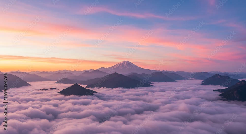 Naklejka premium Majestic Mountain Peaks Above Sea of Clouds at Sunrise