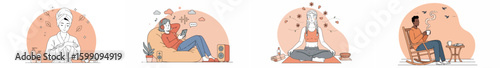Four-panel illustration of people in moments of self-care and relaxation