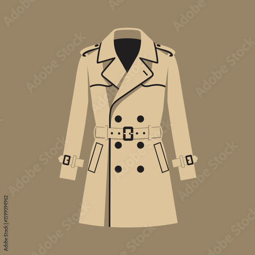 A tan trench coat illustration with black accents on a brown background.