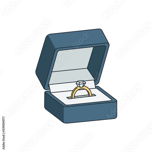 A diamond engagement ring rests inside an open blue jewelry box.