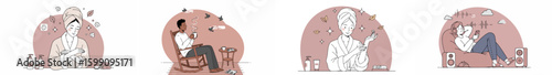 Four-panel illustration of people in serene, introspective settings with soft pinks, beiges, and browns