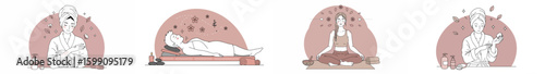 Four women engaging in self-care rituals in a minimalist illustration with earth-toned palette