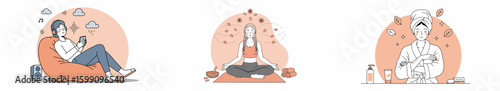 Triptych of women relaxing and practicing self-care in three different scenes