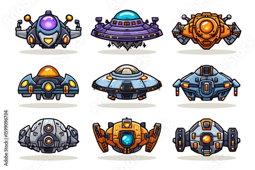 Colorful Collection of Cartoon-Style Spaceships and UFOs