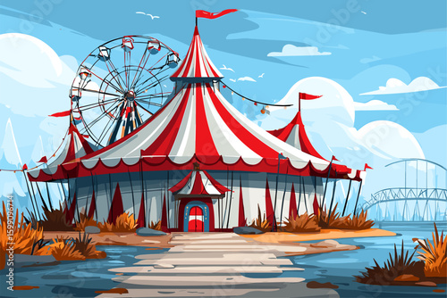 Colorful Circus Scene with Ferris Wheel and Big Top Tent