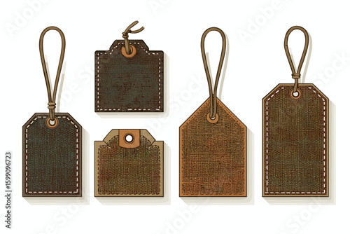 Set of Five Editable Fabric and Leather Price Tags with Strings and Stitching