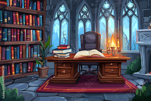 Enchanting Library in a Castle Setting with Books and Candlelight
