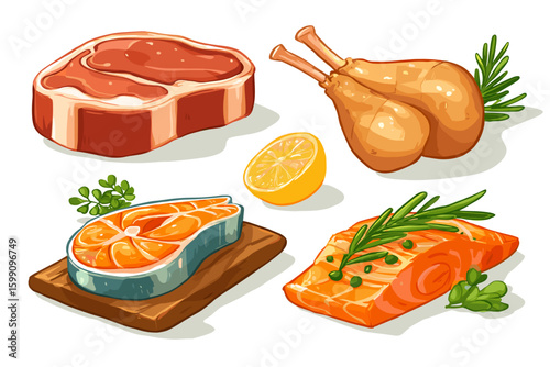 Variety of Fresh Meats and Fish with Lemon and Herbs Illustration