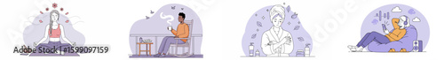 Four-panel illustration of everyday moments with soft purple arches and gradient background