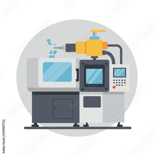 Automated machinery with screens and yellow components against a gray circular background.