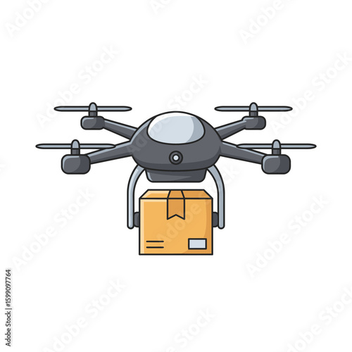Drone carrying a cardboard box likely delivering a package in a white background.