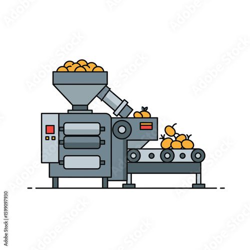 Machine processing food items with a conveyor belt in a factory setting.