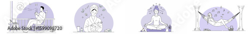 Four-panel illustration of women engaging in relaxation and self-care activities