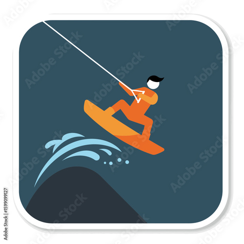 A person wakeboarding on water against a dark blue background graphic.