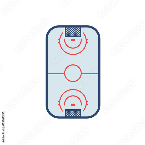 Overhead view of an ice hockey rink with markings and goals.
