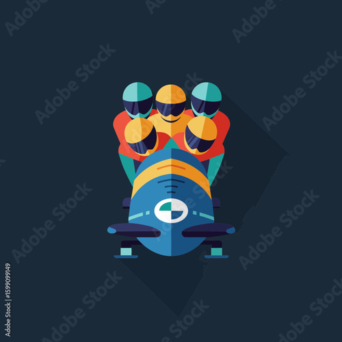 Flat illustration of a bobsleigh team racing down a track. Dark blue background.