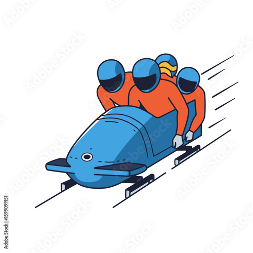 Four athletes in a blue bobsled racing down a track.
