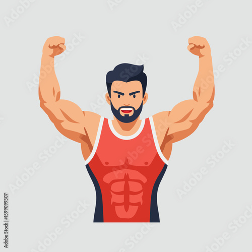 Cartoon man flexing muscles wearing red tank top against a neutral background.