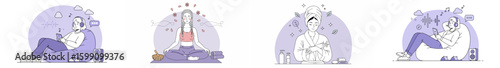 Multi-panel illustration of a female figure in four creative and introspection scenes with pastel colors