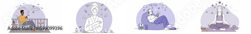 Illustration of four circular sections depicting personal well-being and self-care activities