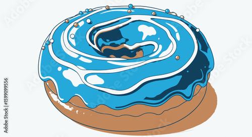 A stylized illustration of a glazed donut with blue frosting and sprinkles.